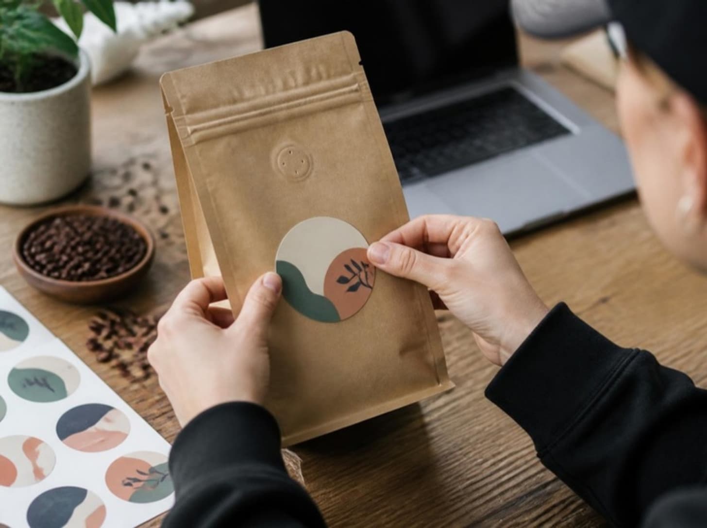 Manos aplicando un sticker propio sobre una bolsa de café kraft sin impresión