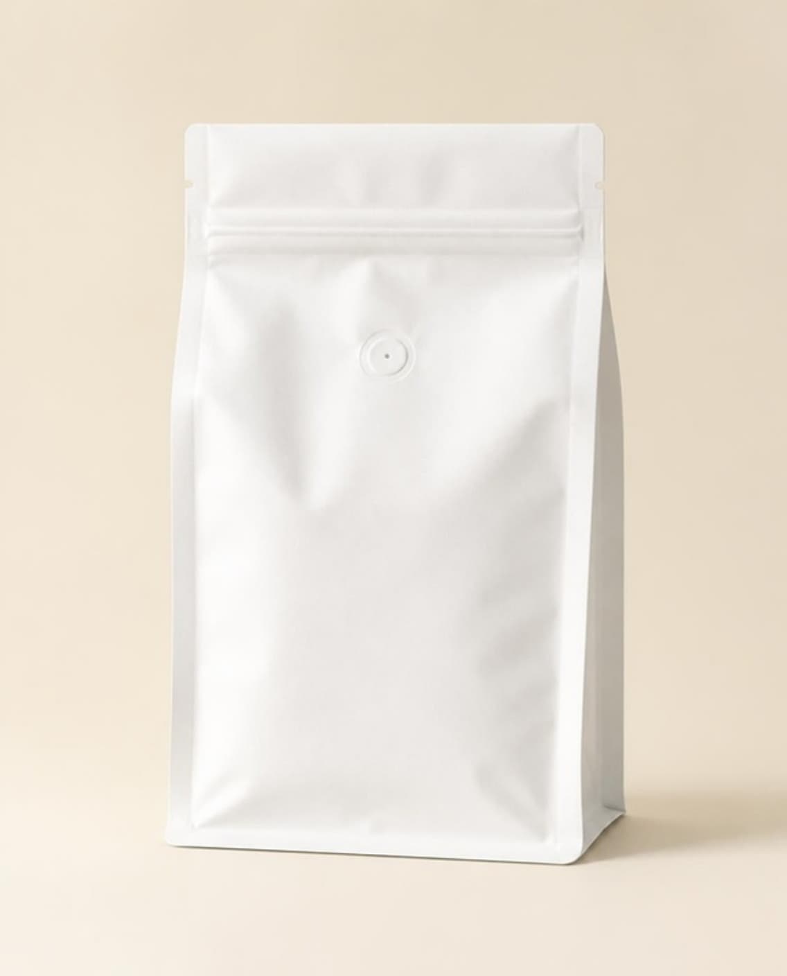 Bolsa de café blanco de fondo plano, sin impresión, con cierre zip y válvula