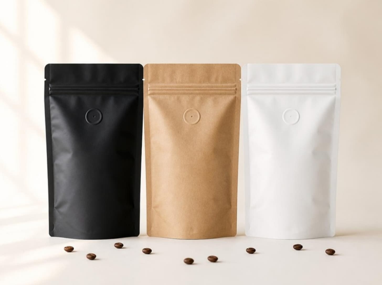 Tres bolsas de café de fondo plano sin impresión, en negro, kraft y blanco, con granos de café